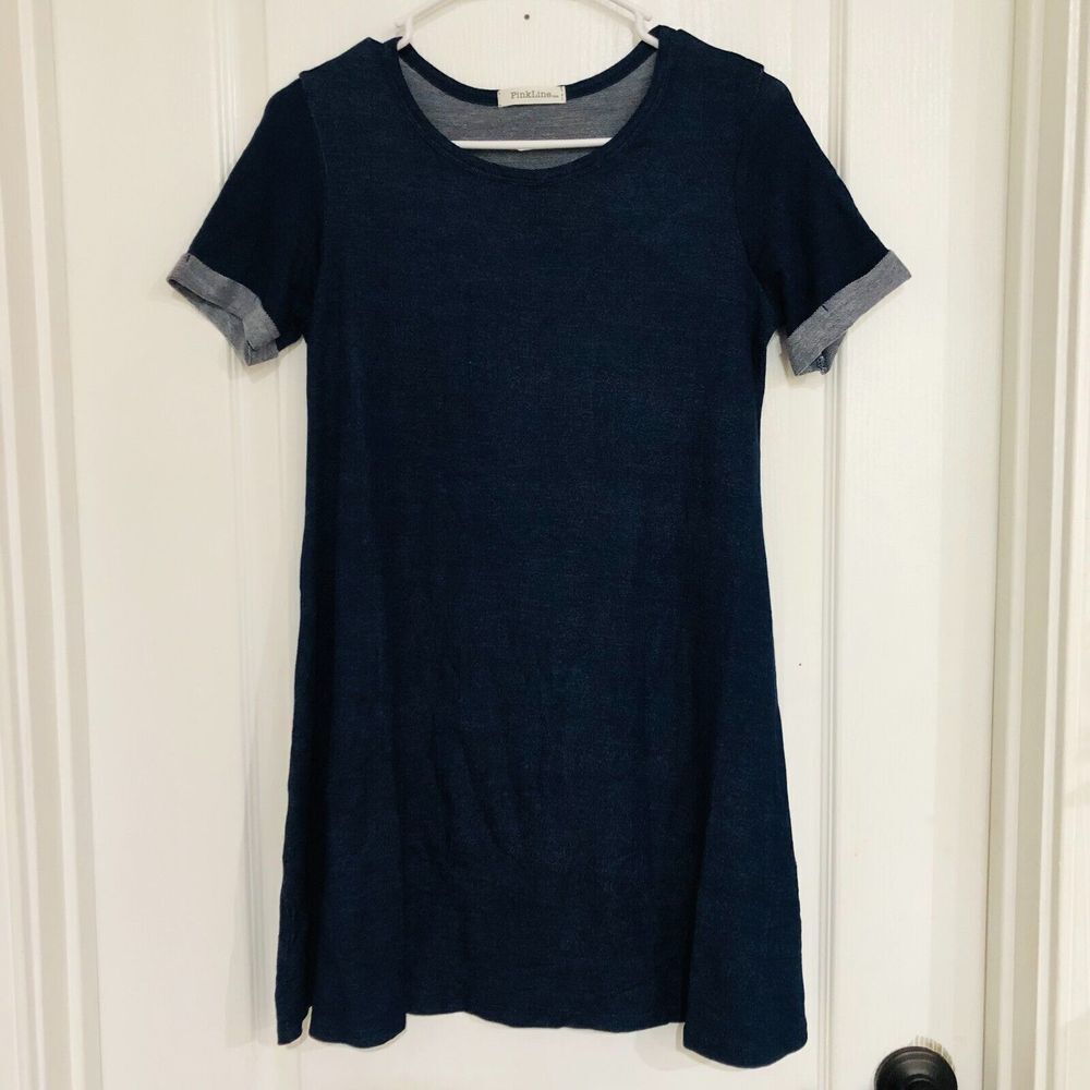 PinkLine Women's A-Line Dress Casual Above Knee Short Sleeve Pullover Blue Small - Picture 2 of 5
